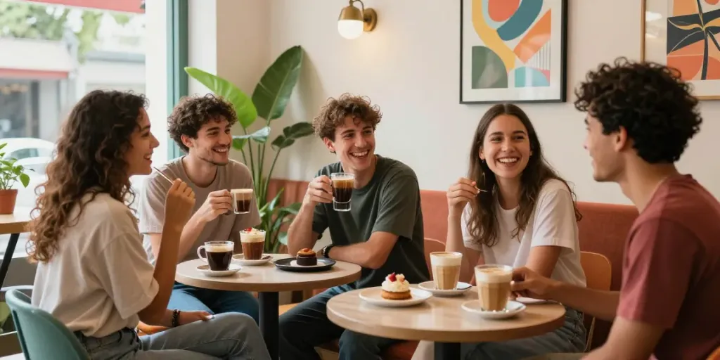 Friends enjoying coffee at rokok88 café with vibrant decor.