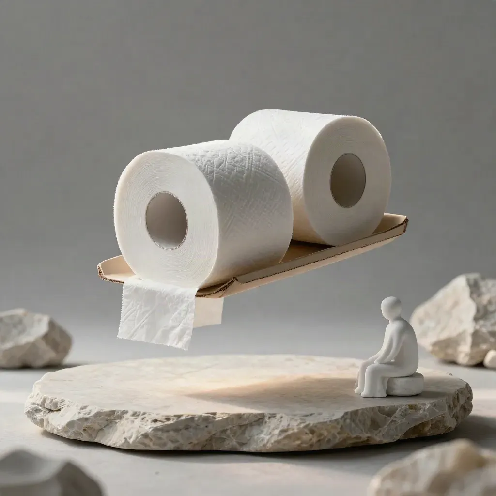 Toiletpapierbundel op kalksteen met twee losse rollen en een kartonnen tray in zachte nevel.