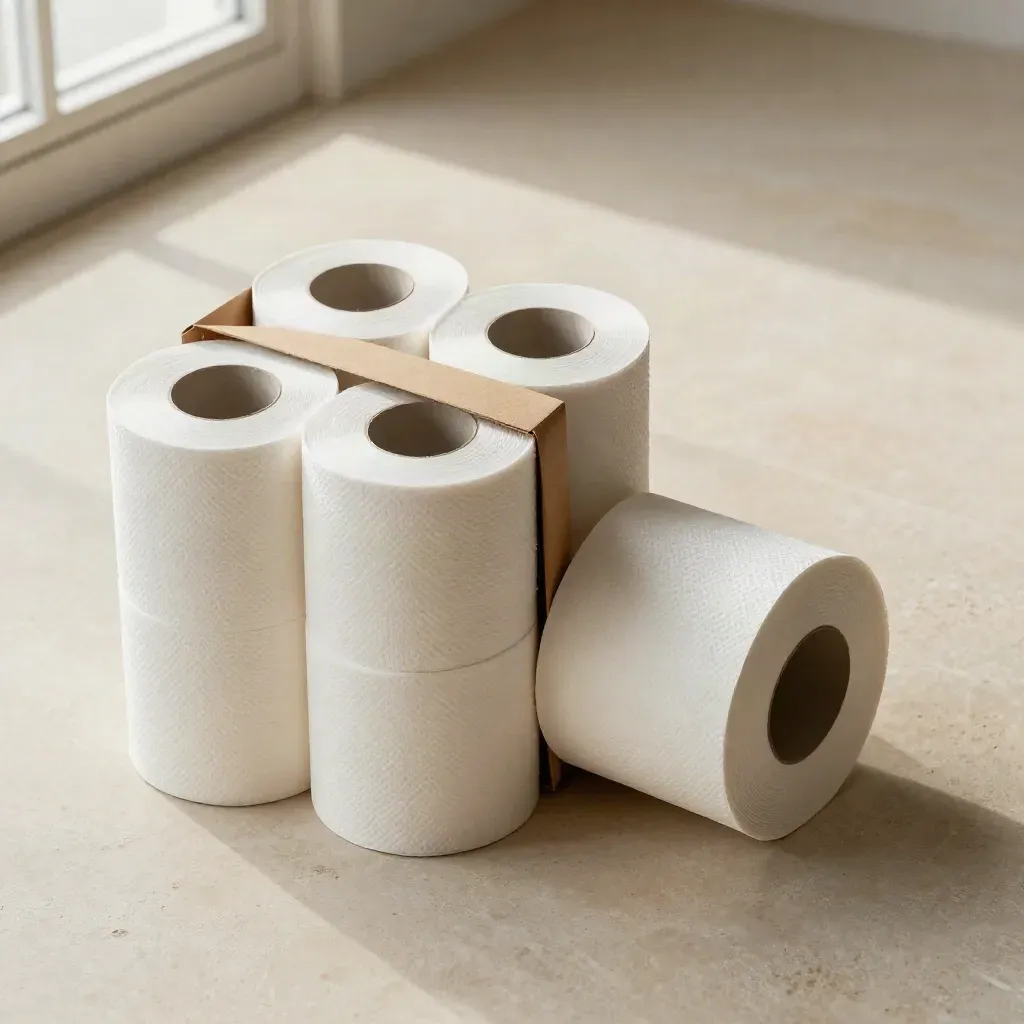Strakke flatlay van keukenrollen op steen met losse kernen en kraftomslag.