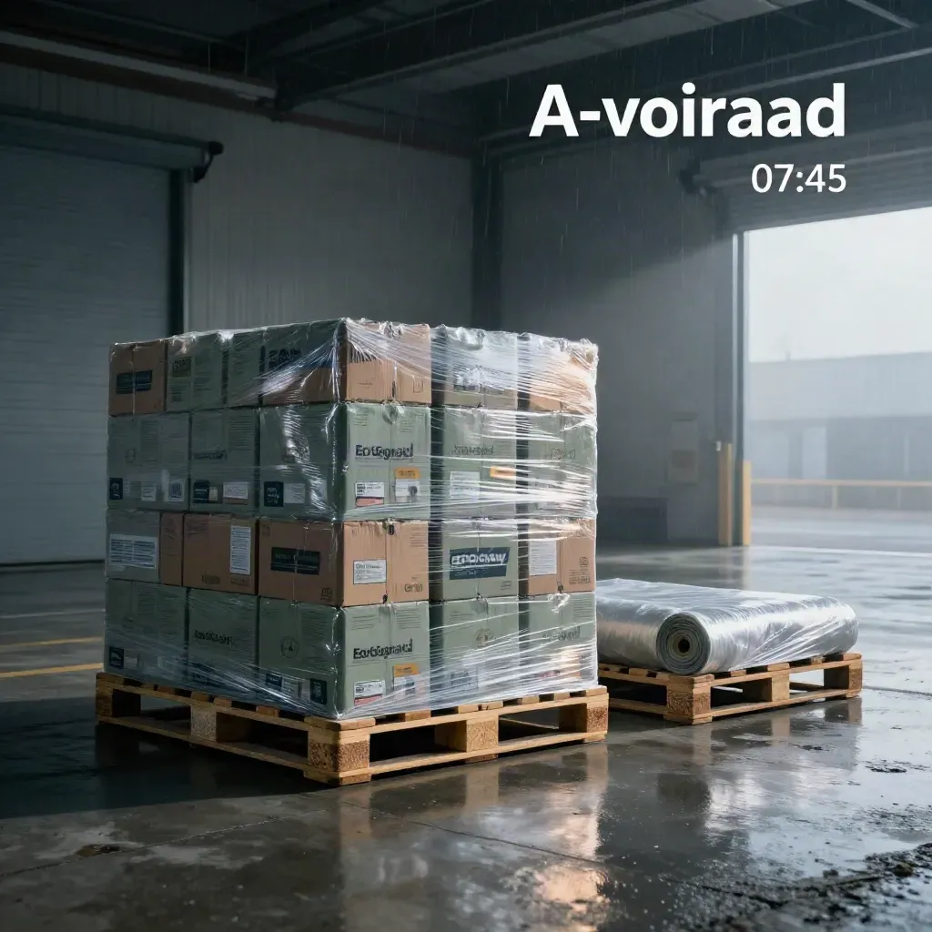 Grote mixpallet in folie op natte laadperronvloer, met twee pallets, strechfolie en lichte mist.