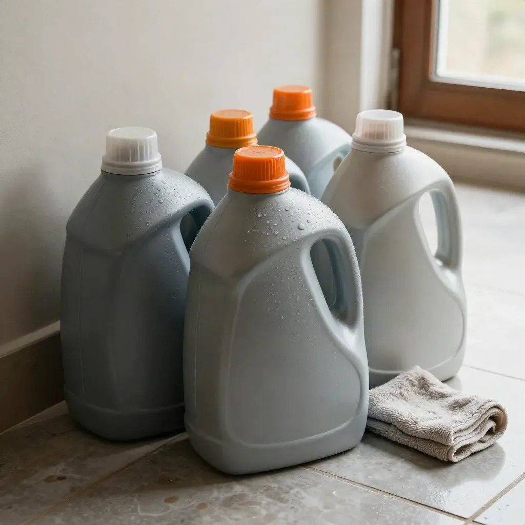 Vier matte wasmiddeljerrycans met oranje dop op een koele natte tegelvloer met opgerolde doek.