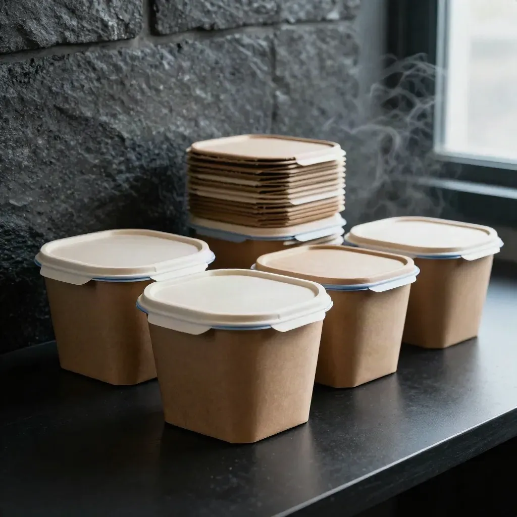 Stapel ongebandeerde voedseldozen met losse deksels en damp op een donkere studio-opstelling.