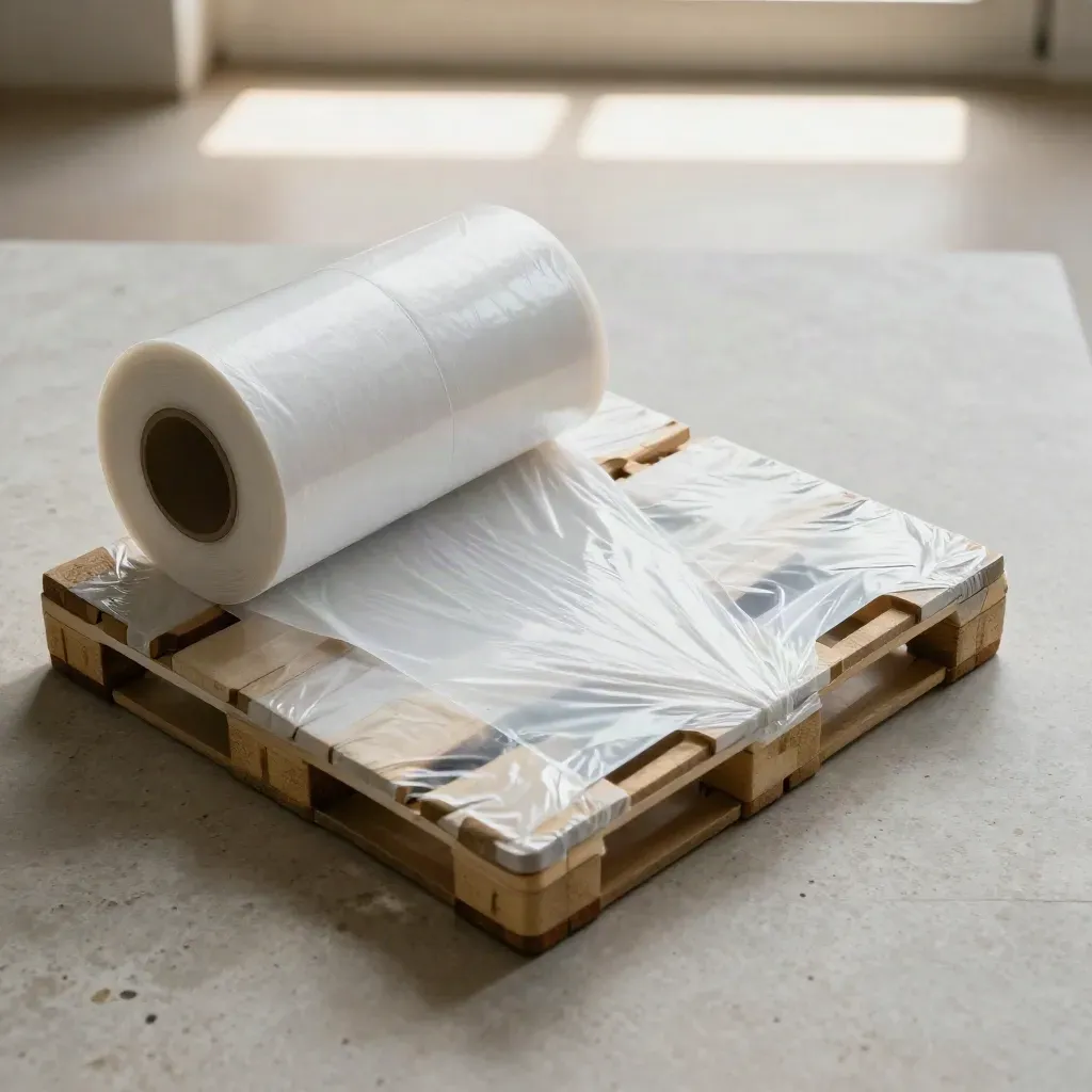 Bovenaanzicht van stretchfolie op steen met mini-pallet en twee afgesneden stroken.