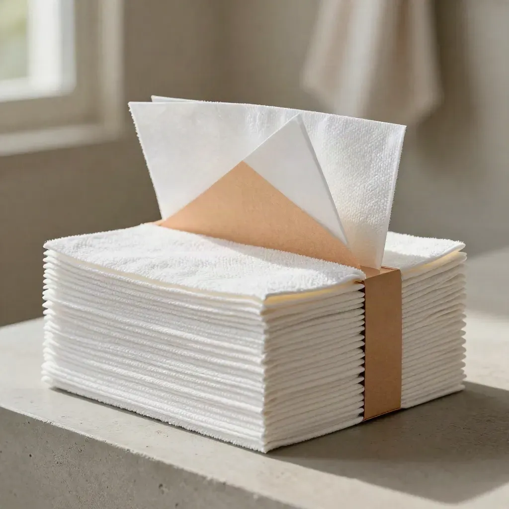 Close-up van een stapel Z-vouw handdoekpapier met open springende vouw en kartonnen steun.