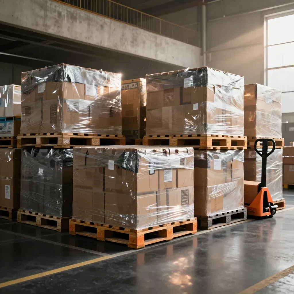 Gemengde pallets, dozen en folie rollen dramatisch uit over een donkere magazijnvloer.