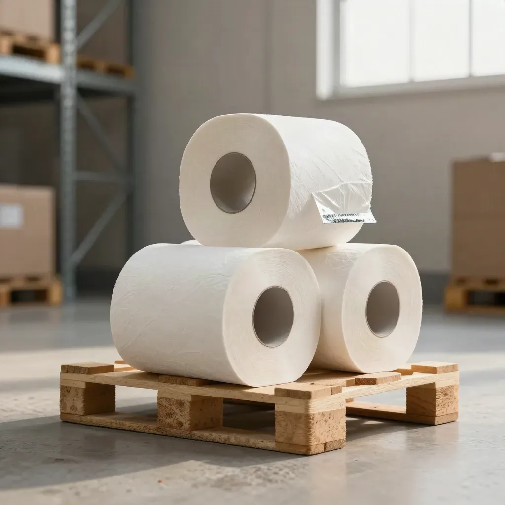 Pallet toiletpapier met twee losse rollen op een lichte travertin vloer in magazijnsfeer.
