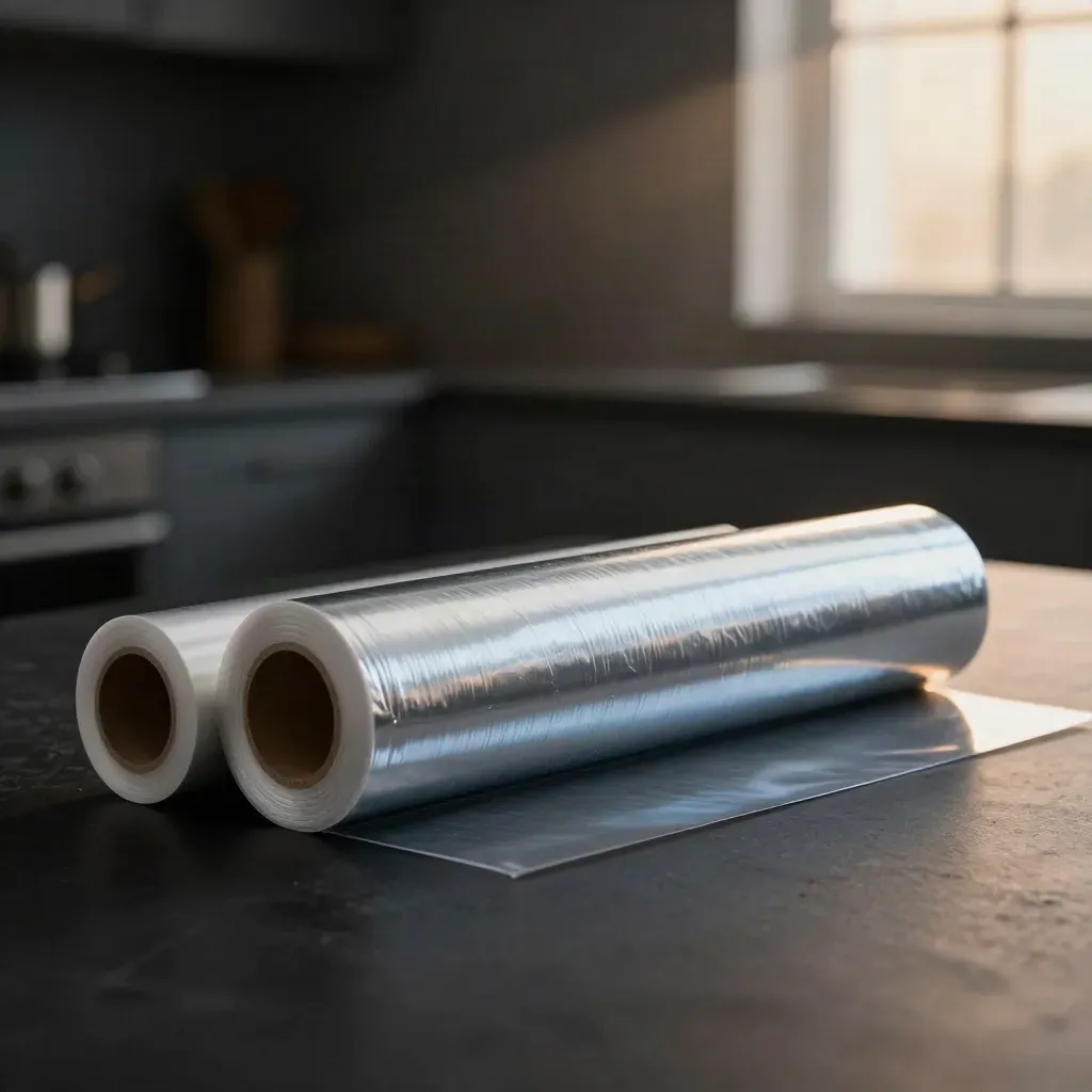 Glanzende keukenfolie-rollen op zwarte studioflak met losse flap en koele blauwe randlicht